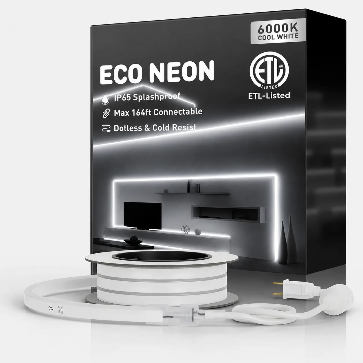 6000K Cool White LED Neon Rope Light – Dotless, Dimmable, IP65, ETL Listed