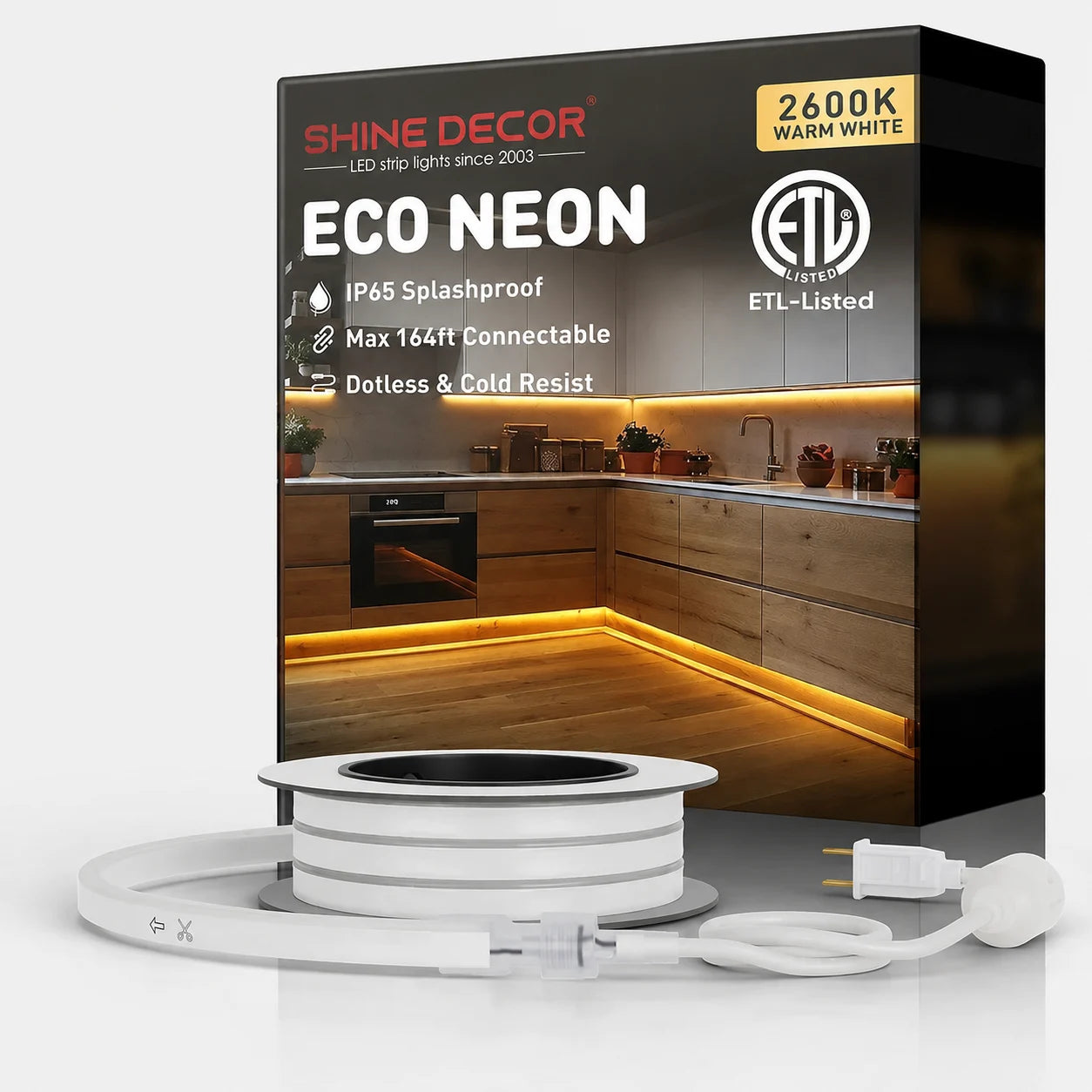 2600K Warm White LED Neon Rope Light – Dotless, Dimmable, IP65, ETL Listed