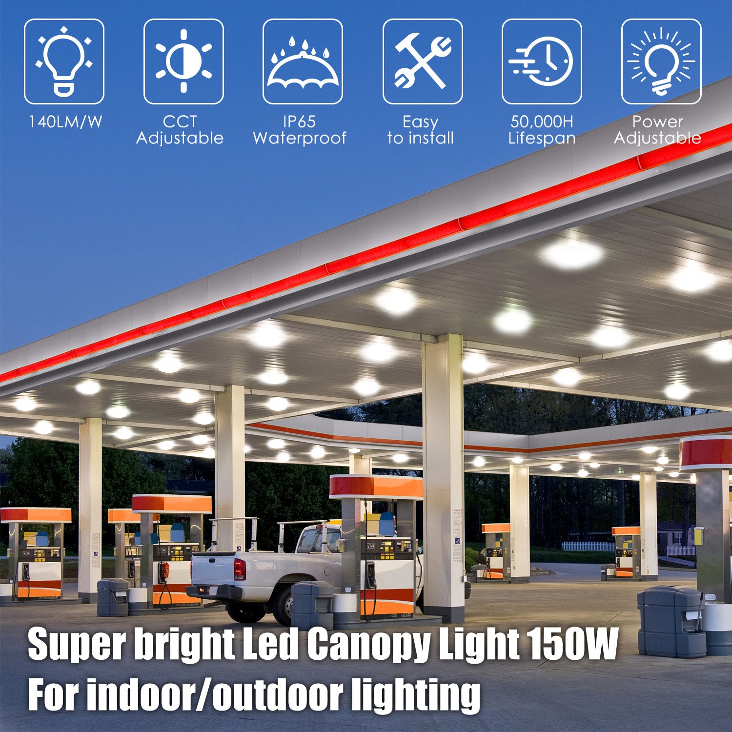 90W/120W/150W Wattage Adjustable LED Canopy Light | 21000 Lumens | 4500K/5000K/5700K CCT Tuneable | ETL, cETL, DLC, CE Listed | Damp/Wet Locations | For Gas Stations, High Bay Carport, Indoor Parking, Underpasses, Loading Docks, Outdoor Area Light image 1