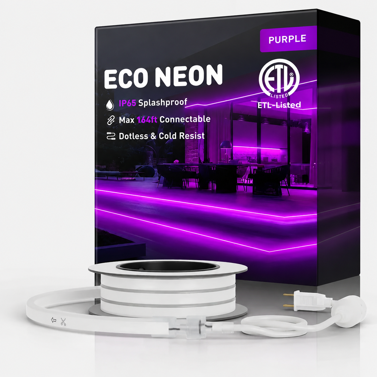 Purple LED Neon Rope Light – Dotless, Dimmable, IP65, ETL Listed