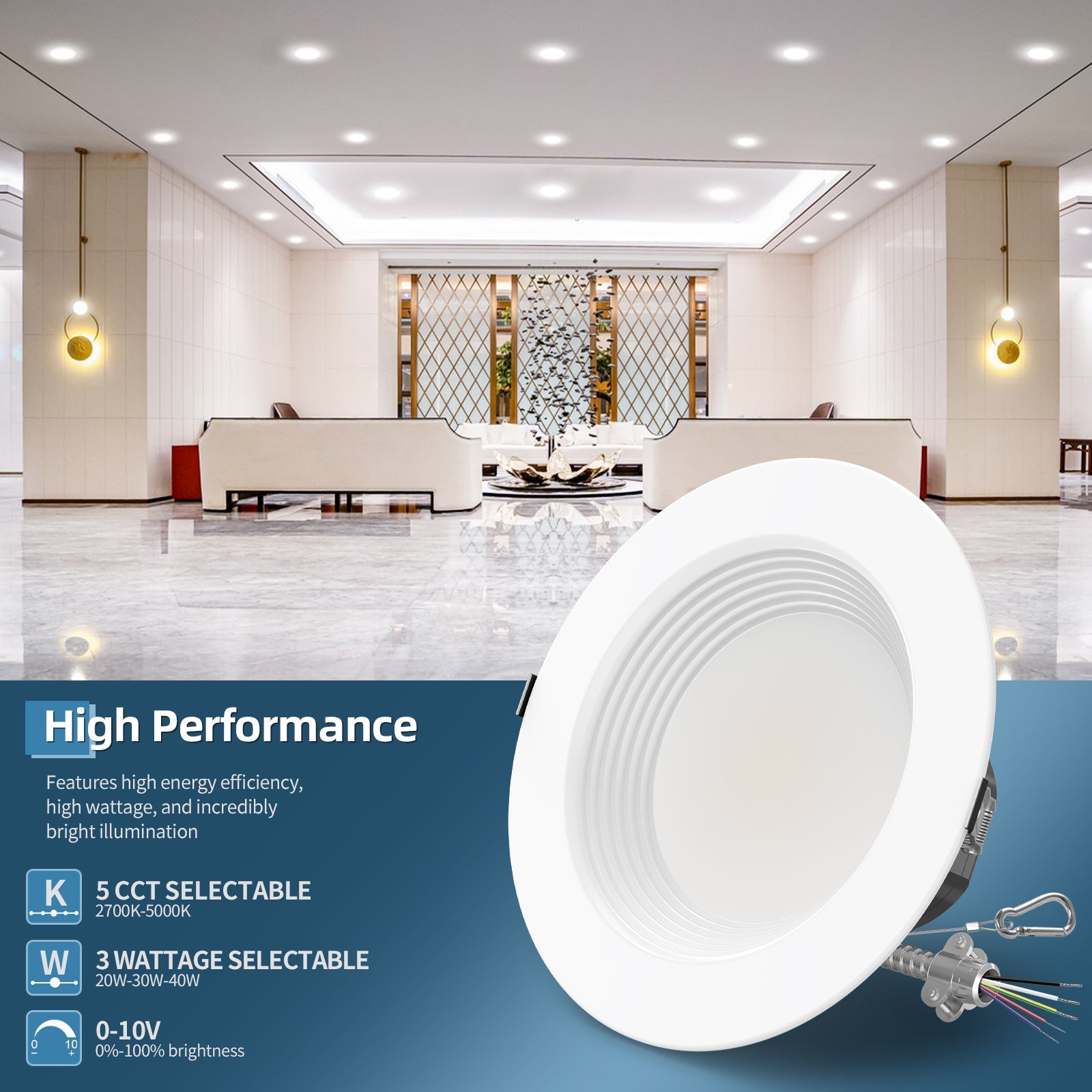 6", 8", 10" LED Downlight | 0-10V Dimmable | 13W - 40W Wattage Tuneable | 2700K/3000K/3500K/4000K/5000K 5 CCT Changeable | Baffle Trim | Damp Rated image 1