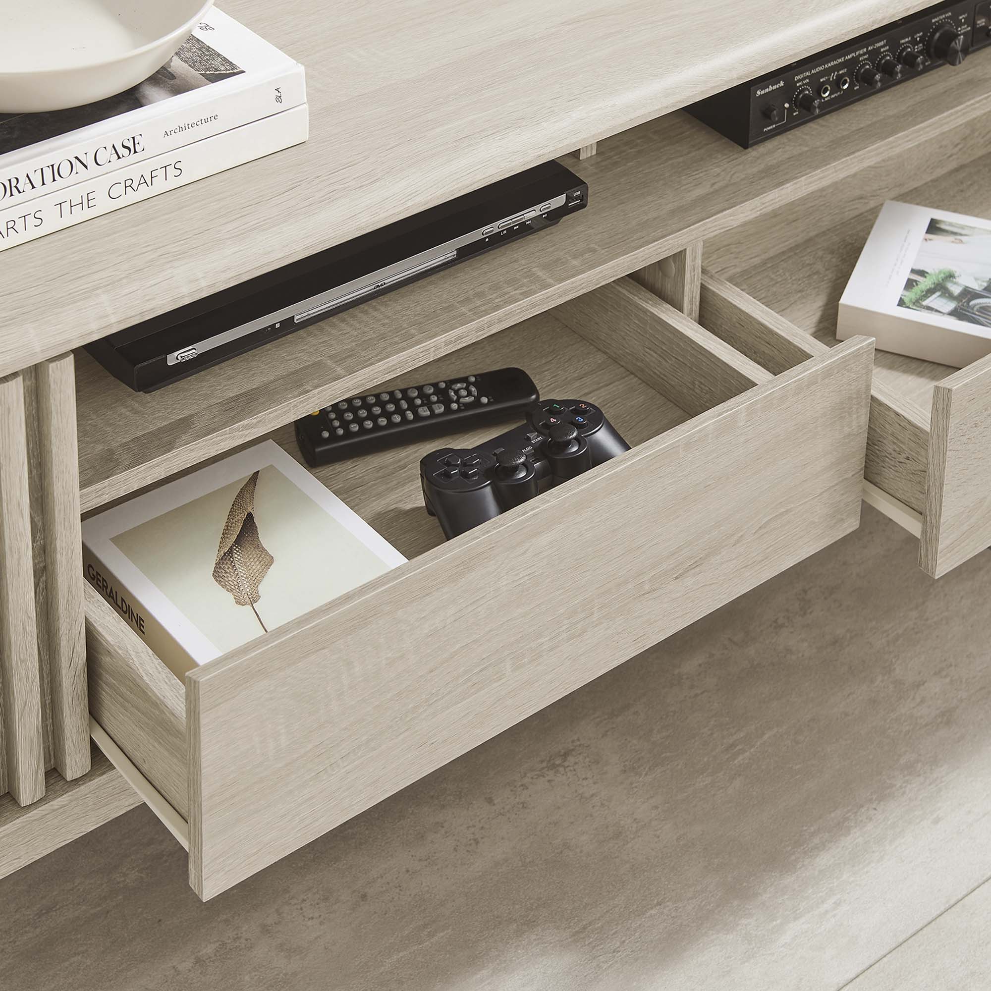 Eudora 60" TV Stand | Oak &amp; Walnut Finish Options | Modern TV Stand | Hinged Corner Doors | Full-Glide Drawers | Particleboard and MDF Construction | Non-Marking Foot Pads image 1