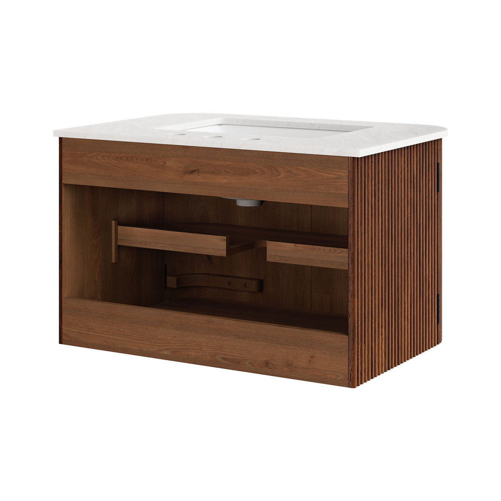 Wall Mount Bathroom Vanity With Marble Sink | Zia Series | 24" & 30" Sizes Available | Natural, Ivory & Walnut Color Options | Modern Design | Soft-Close Hinges | 8" Widespread Faucet Holes | Fluted Pattern image 8
