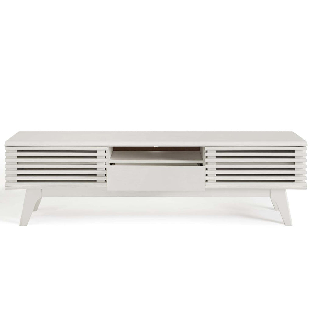 Render 59” TV Stand | White &amp; Walnut Finish Options | Mid-Century Style | Smooth Wood Grain Laminate | Dual Slatted Sliding Doors | Center Cable Management Hole image 4