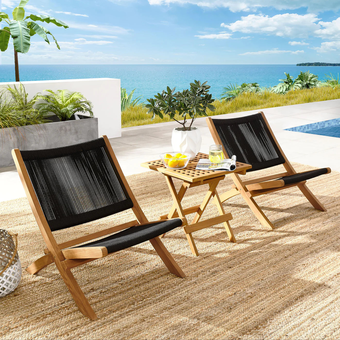 Vienna 3-Piece Outdoor Patio Folding Lounge Chair and Side Table Set in Teak and Rope image 0