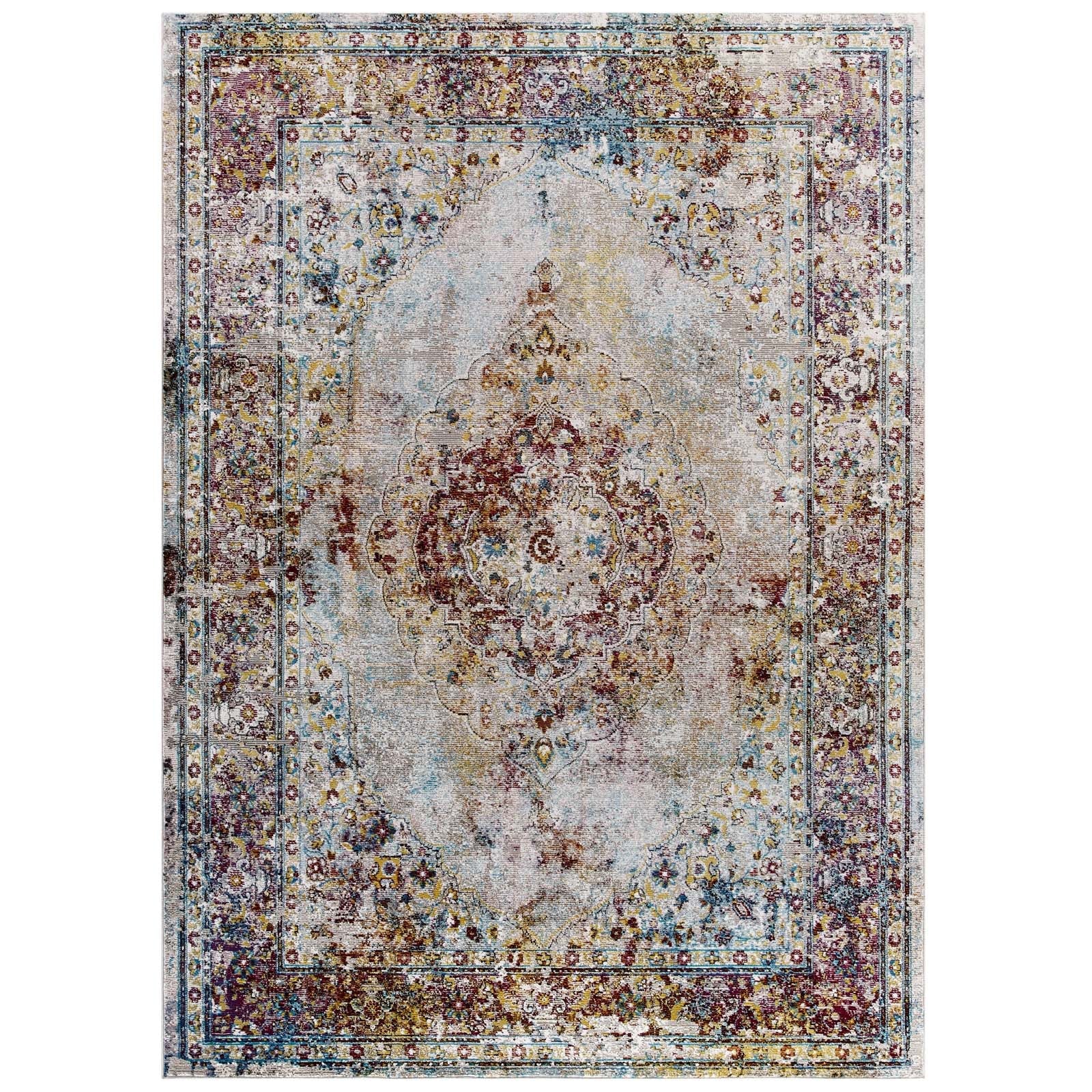 Multicolored Success Merritt Transitional Distressed Floral Vintage Medallion Area Rug | 4X6 &amp; 5X8 Size Options | Tight Low Pile Weave | Gripping Rubber Underside | 100% Soft Polypropylene | Pack Of 2 image 1