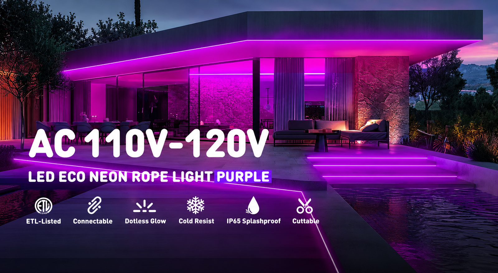 Purple LED Neon Rope Light – Dotless, Dimmable, IP65, ETL Listed