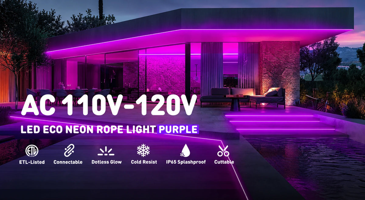 Purple LED Neon Rope Light – Dotless, Dimmable, IP65, ETL Listed