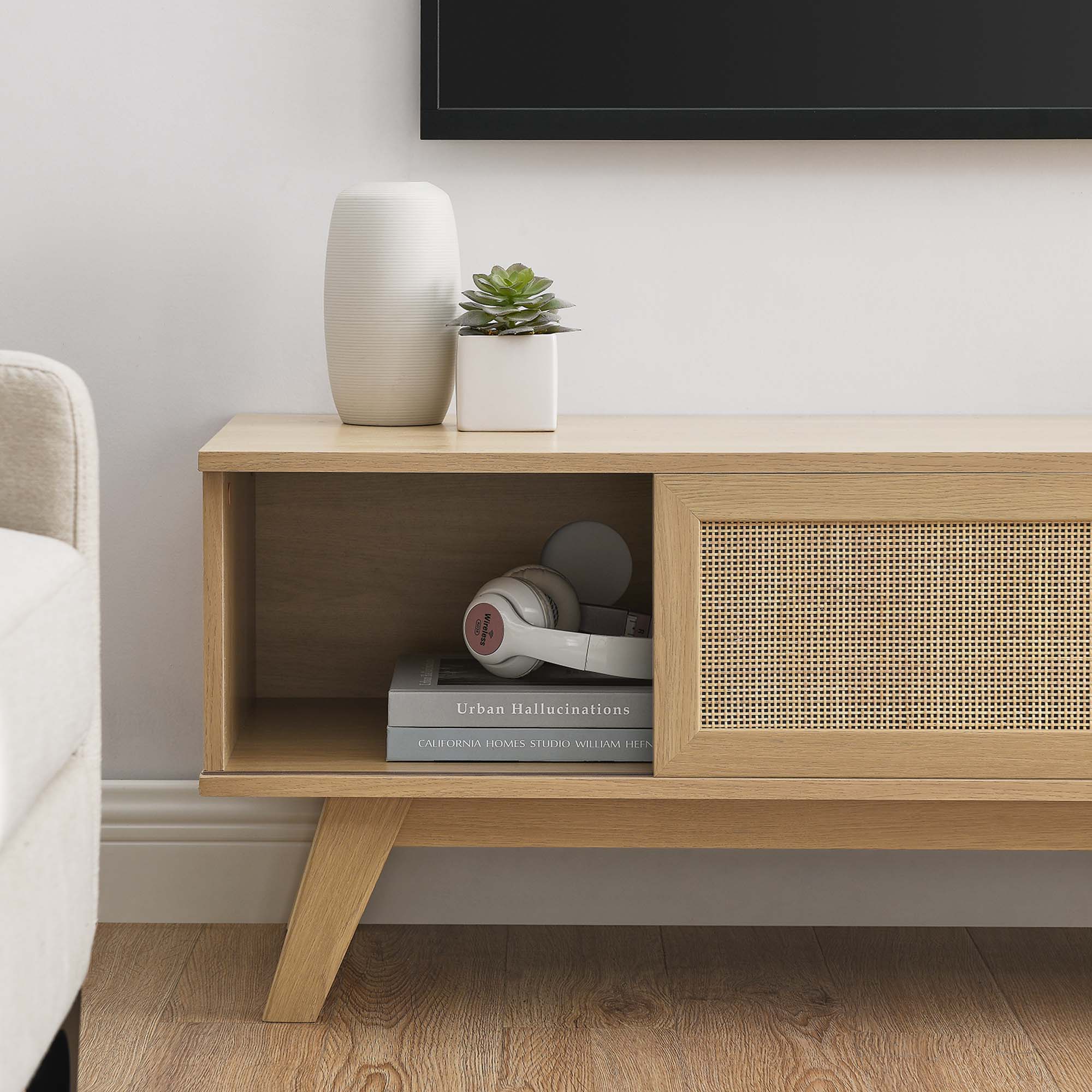 Soma 47" TV Stand | Oak &amp; Walnut Finish Options | Contemporary TV Stand | Natural Rattan Weave | MDF and Particleboard | Cable Management Holes | Sliding Doors image 1