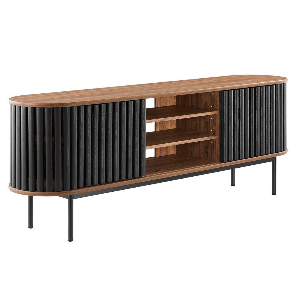 Fortitude 71" TV Stand | Oak &amp; Walnut Black Finish Options | Metal Legs | Open Back Design | Adjustable Shelves | Two Sliding Doors | MDF and Particleboard image 9