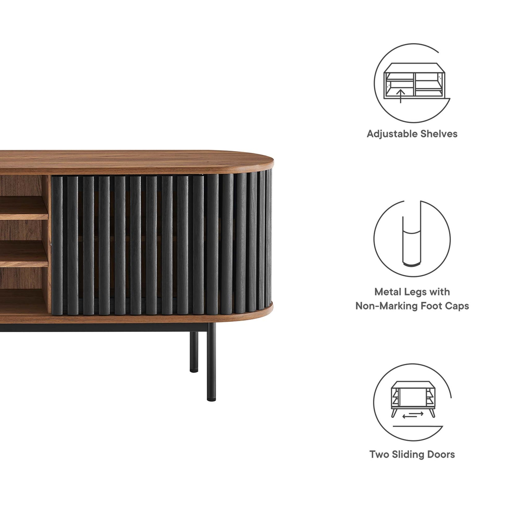 Fortitude 71" TV Stand | Oak &amp; Walnut Black Finish Options | Metal Legs | Open Back Design | Adjustable Shelves | Two Sliding Doors | MDF and Particleboard image 3