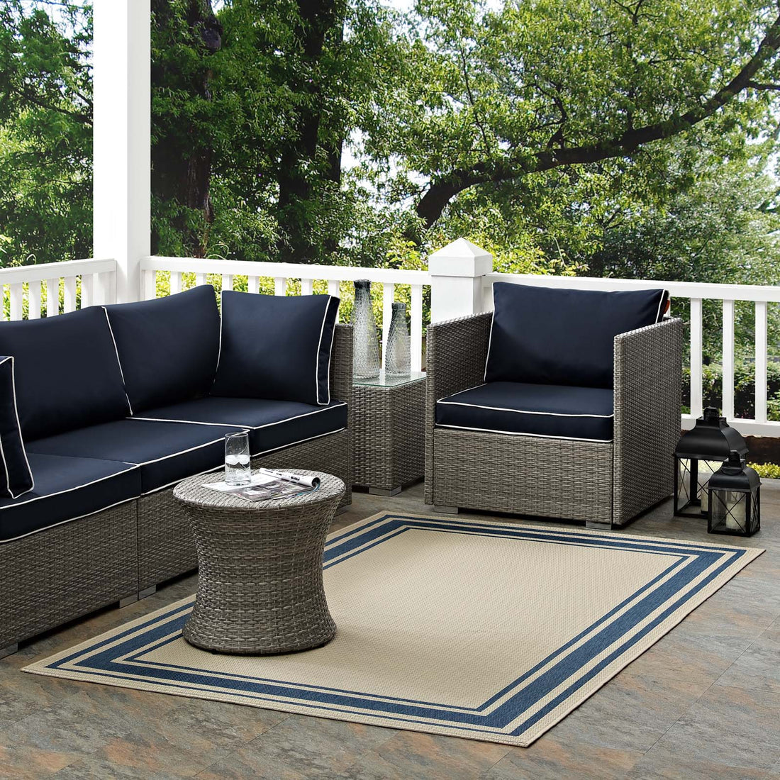 Rim Solid Border Indoor and Outdoor Area Rug in  | 5X8 &amp; 8X10 Size Options  | Blue and Beige, Light and Dark Beige &amp; Gray and Beige | Tight Low Pile Weave | Gripping Rubber Underside | 100% Soft Polypropylene image 2