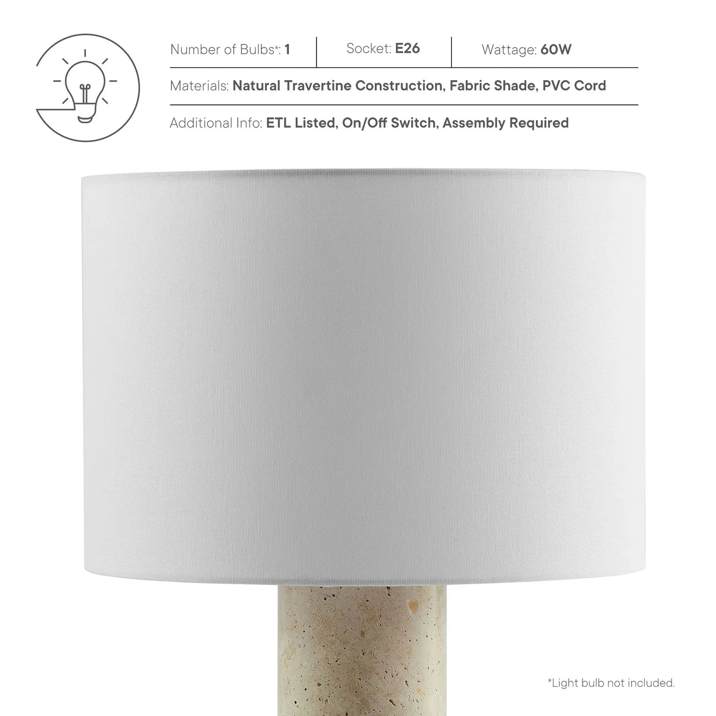 Zenith Travertine Table Lamp with a Fabric Drum Shade in Natural Travertine | Pack of 2 image 8