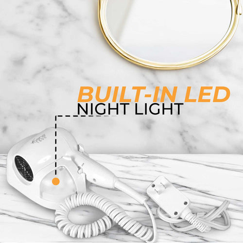1600 Watt Wall Mount Hair Dryer | Two Heat Settings | Built-in LED Light | ETL Listed | White Or Black Color Options | 6-inch Coil Cord | Compact & Lightweight | Pack of 10 image 1