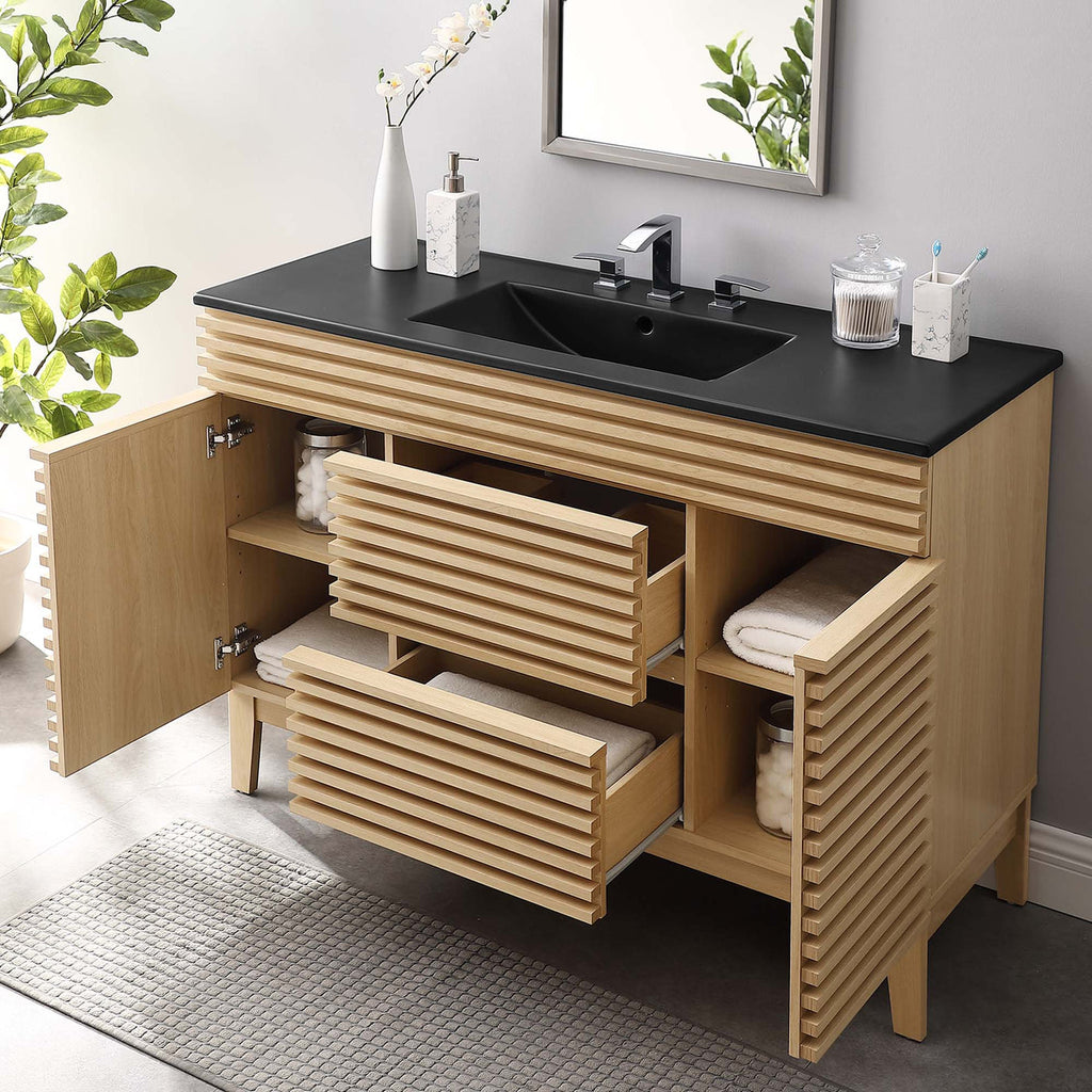 Bathroom Vanity With Sink | Walnut Black, Charcoal Black, Gray Black, White Black, White Walnut Black & Oak Black Color Options | 48" Single Or 48" Double Size Options | Render Series | Full Extension Drawer | Modern & Sleek  Design image 1