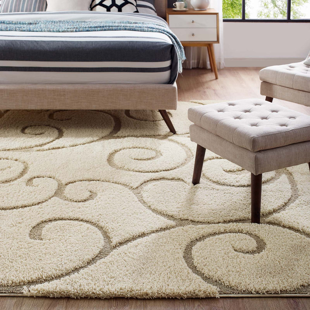 Jubilant Burgeon Scrolling Vine Shag 5x8 Area Rug | Creame and Beige | Shag Weave Of 1.18 Inches | Gripping Jute Fabric Underside | Soft High Density Polypropylene image 6