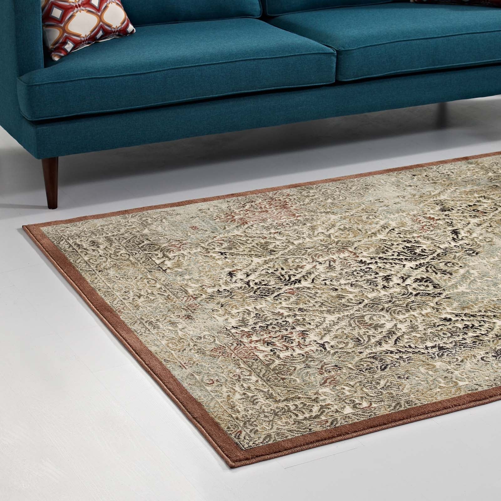 Hester Ornate Turkish Vintage Area Rug  | Tan and Walnut Brown | 5X8 &amp; 8X10 Size Options | Tight Low Pile Weave | Gripping Rubber Underside | Polypropylene / Polyester Blend image 4
