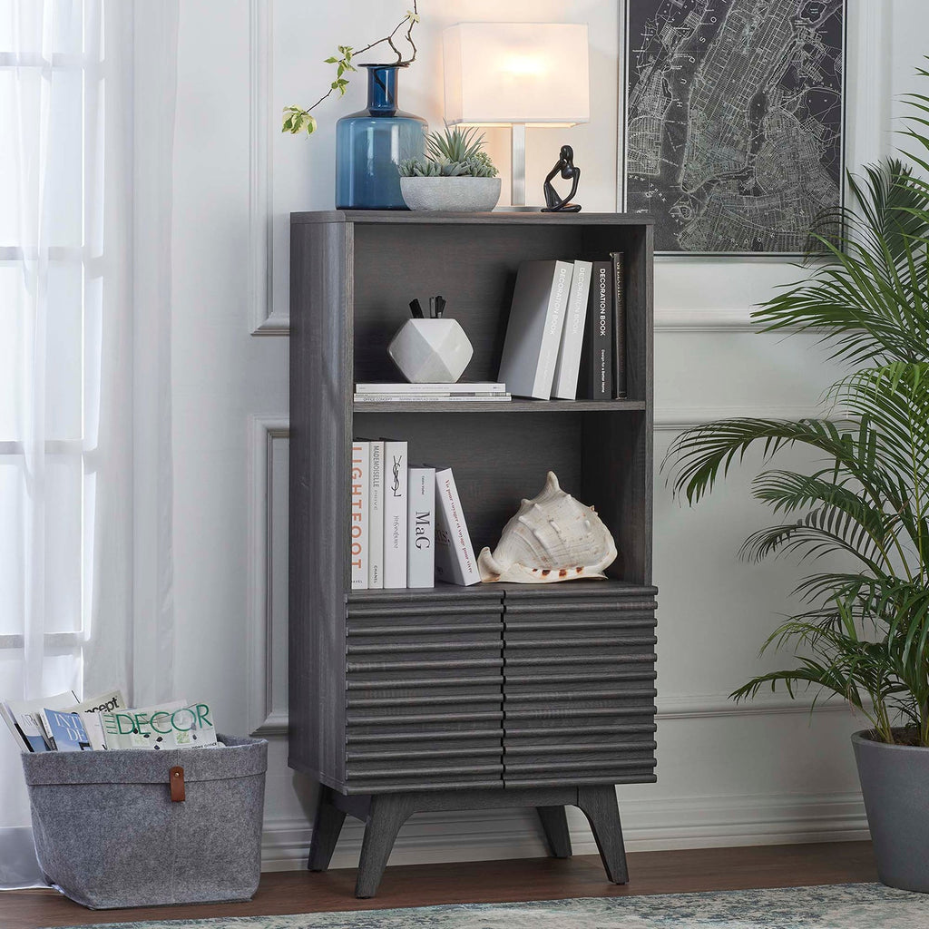 Render Display Cabinet Bookshelf | Oak &amp; Charcoal Color Options | Mid-Century Display Cabinet | Smooth Wood Grain Laminate | Soft-Close Hinges image 0