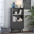 Render Display Cabinet Bookshelf | Oak &amp; Charcoal Color Options | Mid-Century Display Cabinet | Smooth Wood Grain Laminate | Soft-Close Hinges image 0
