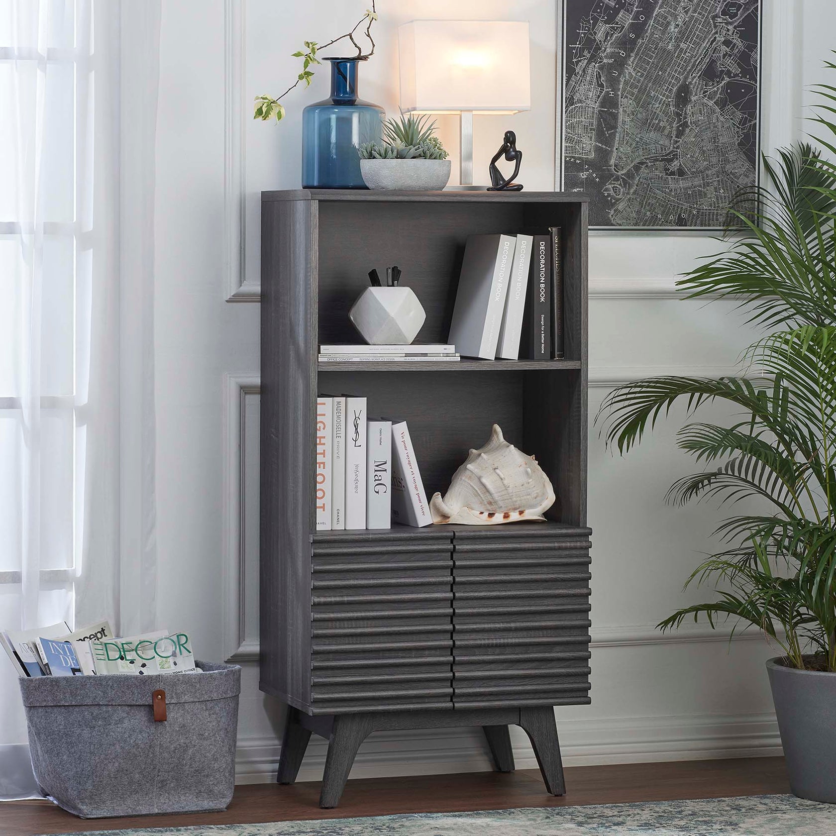Render Display Cabinet Bookshelf | Oak &amp; Charcoal Color Options | Mid-Century Display Cabinet | Smooth Wood Grain Laminate | Soft-Close Hinges image 0