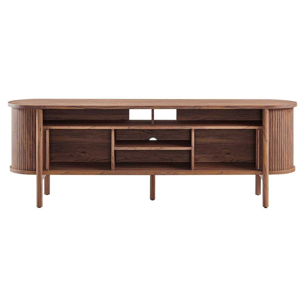 Cadence 71" Curved TV Stand | Oak &amp; Walnut Finish Options | Wood, Particleboard, MDF | Wood Grain Laminate | Adjustable Shelf | Cable Management Hole | Leveling Non-Marking Feet image 7
