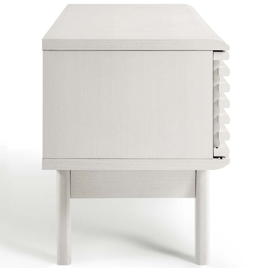 Render 59” TV Stand | White &amp; Walnut Finish Options | Mid-Century Style | Smooth Wood Grain Laminate | Dual Slatted Sliding Doors | Center Cable Management Hole image 7