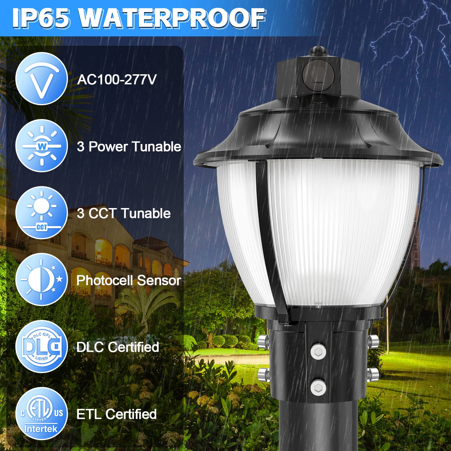 LED Post Top Light With Photocell 60W - 100W Tuneable | 3000K / 4000K / 5000K CCT Tuneable | AC 100-277V | ETL, DLC Listed | IP65 Waterproof | For Street Yard Garden Lighting image 3