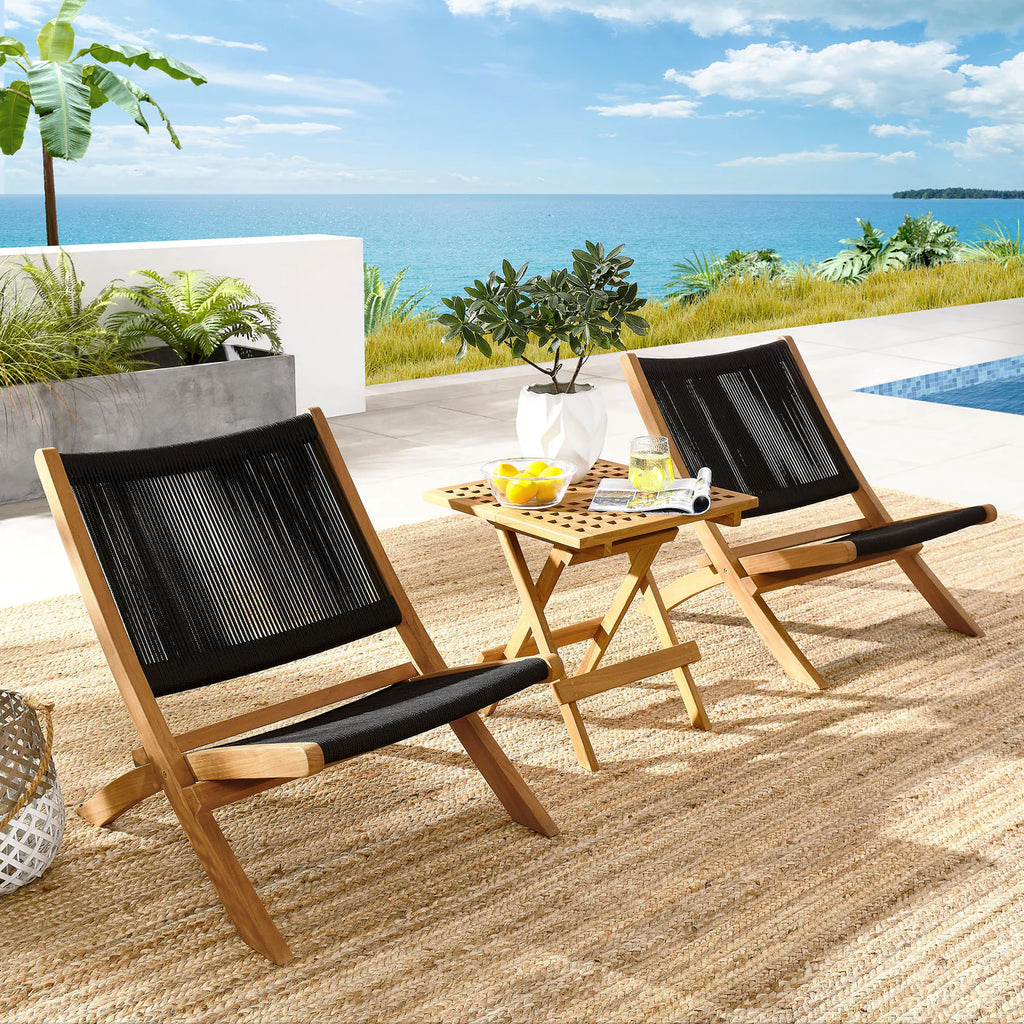 Vienna 3-Piece Outdoor Patio Folding Lounge Chair and Side Table Set in Teak and Rope image 4