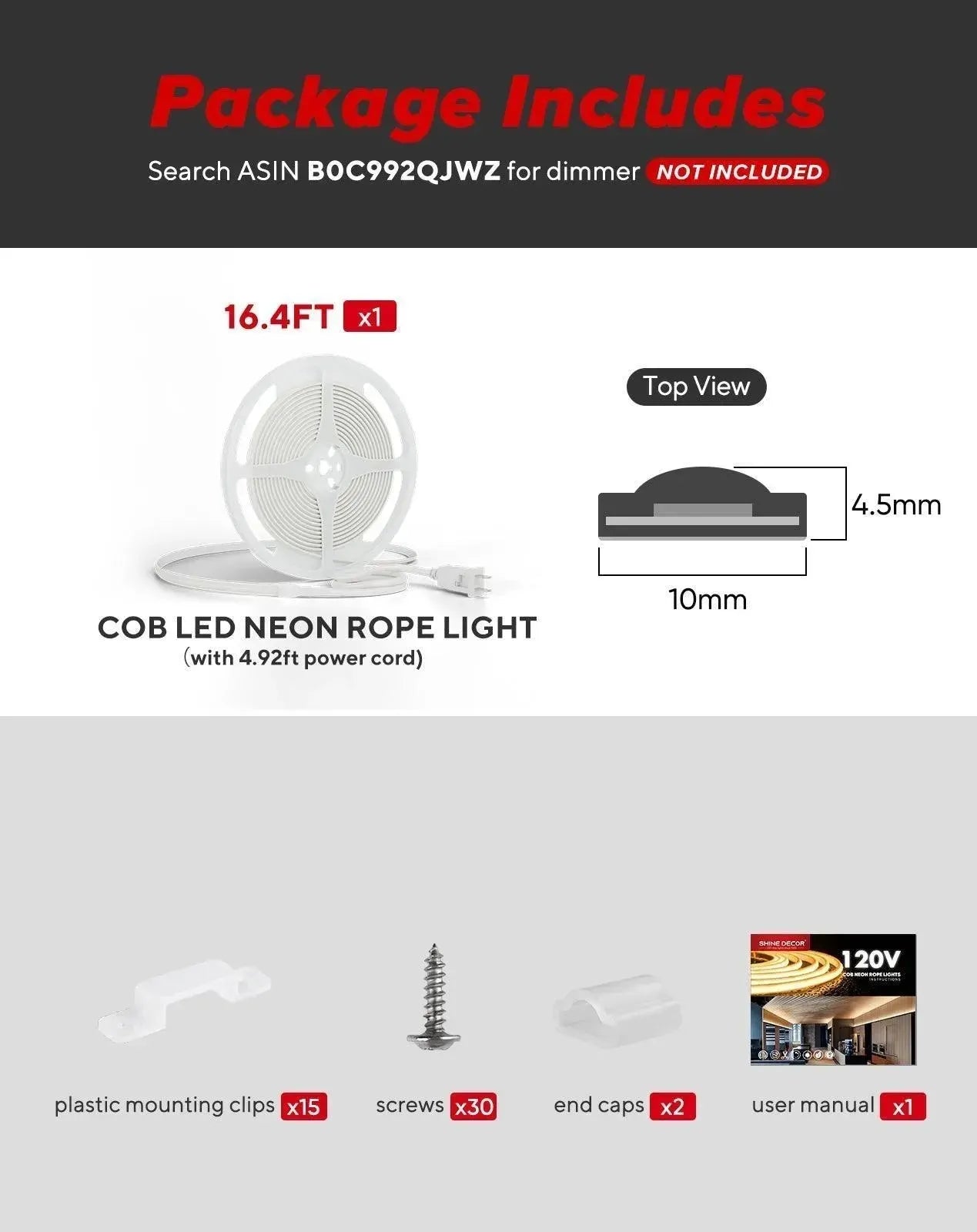 COB LED Rope Light AC 120V | 800lm Ultra Bright | IP65 Waterproof Cold-Resistant ETL Neon Strip | No Driver Tape Lighting for Home Commercial | Ice Blue image 2