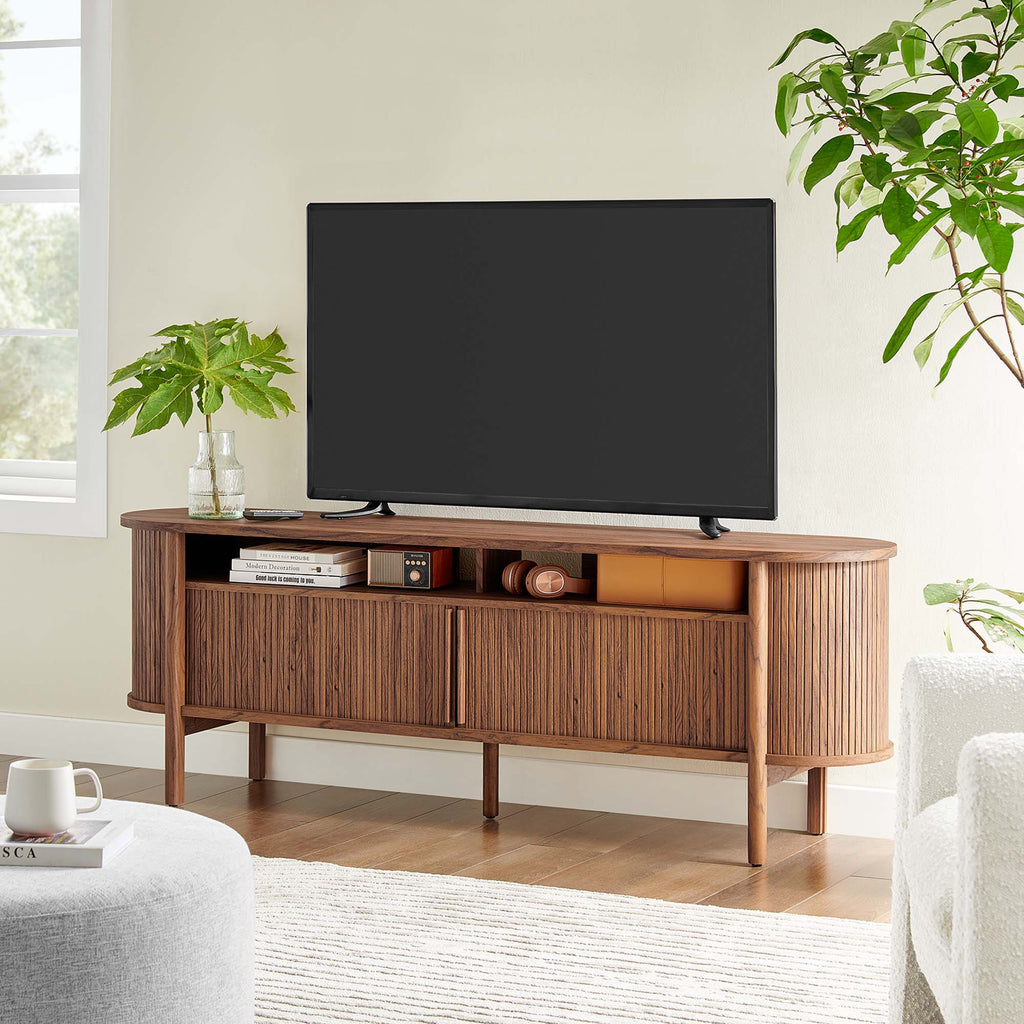Cadence 71" Curved TV Stand | Oak &amp; Walnut Finish Options | Wood, Particleboard, MDF | Wood Grain Laminate | Adjustable Shelf | Cable Management Hole | Leveling Non-Marking Feet image 0