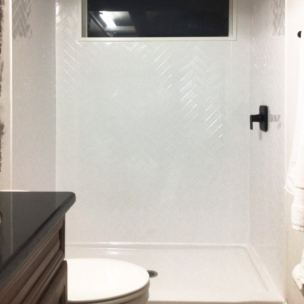 Herringbone Shower Wall Tiles For Shower and Tub Surrounds | Glue Up Easy To Install | 3 Wall Set image 4