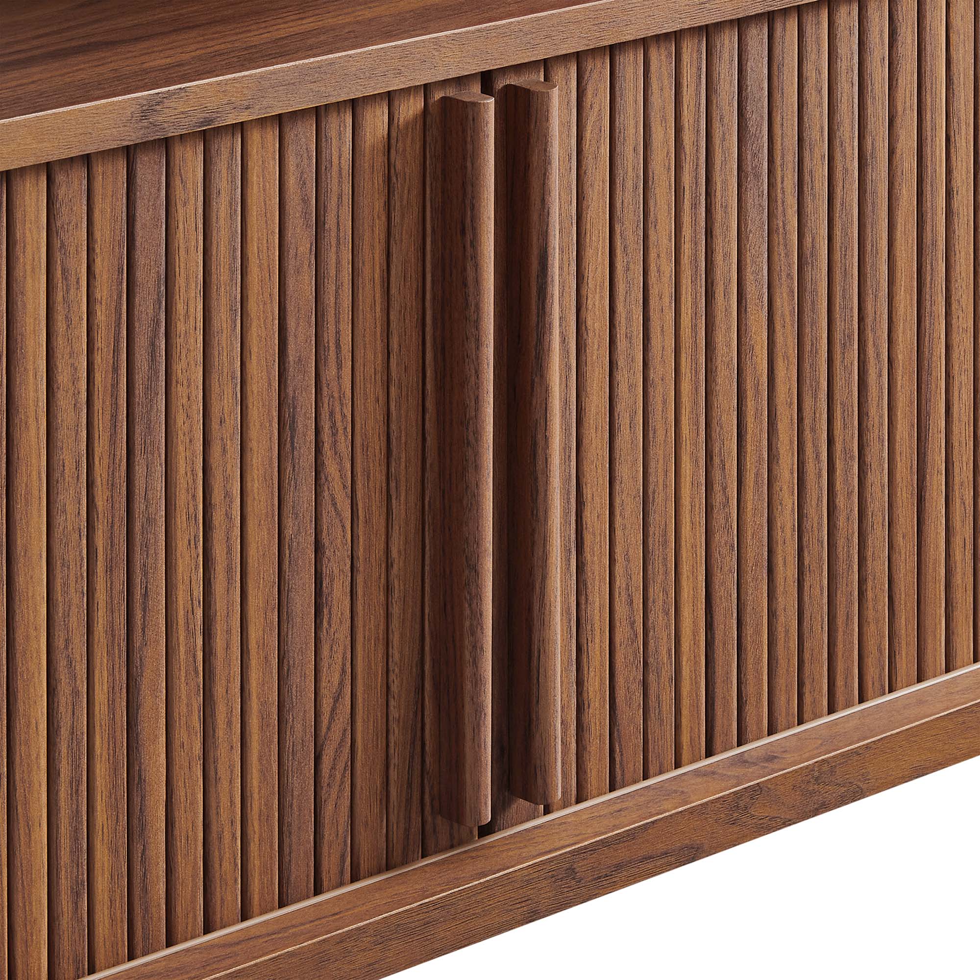Cadence 71" Curved TV Stand | Oak &amp; Walnut Finish Options | Wood, Particleboard, MDF | Wood Grain Laminate | Adjustable Shelf | Cable Management Hole | Leveling Non-Marking Feet image 5