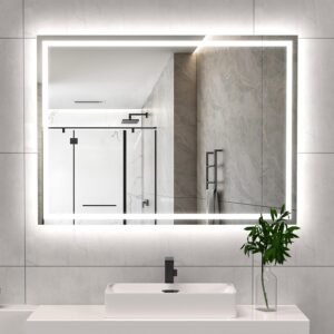 LED Bathroom Mirror Lights 55x40 Inch Front & Backlit Lights Vanity Mirror, Wall Mounted Anti-Fog Dimmable LED Makeup Mirror, IP54 3K-6K Warm/Natural/Daylight, Temp