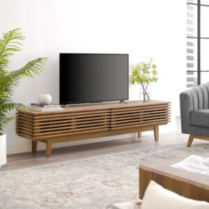 Render 71" TV Stand | Oak & Walnut Finish Options | Mid-Century Modern TV Stand | Smooth Wood Grain Laminate | Durable Particleboard | Two Bottom-Hinged Doors