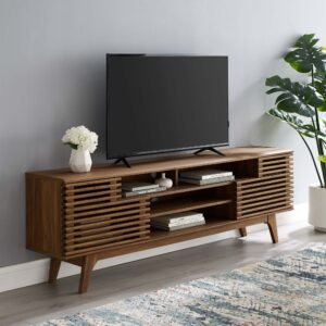 Render 71" Media Console TV Stand | Oak & Walnut Finish Options | Mid-Century Modern Entertainment Center | Smooth Wood Grain Laminate | Durable Particleboard and MDF Construction | Slatted Sliding Doors