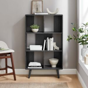Transmit 5 Shelf Wood Grain Bookcase | Walnut, Charcoal & Oak Color Options| Contemporary Three Tiered Bookcase | Smooth Wood Grain Laminate | Five Spacious Storage Units