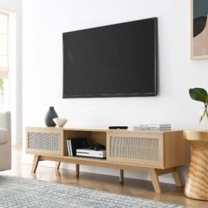 Soma 60" TV Stand | Oak & Walnut Finish Options | Contemporary TV Stand | Natural Rattan Weave | MDF and Particleboard | Cable Management Holes | Sliding Doors