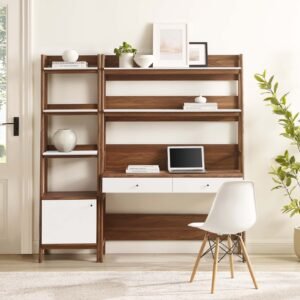 Bixby 2-Piece Wood Office Desk and Bookshelf | Walnut, Walnut White & Oak Color Options | Particleboard & MDF | Full-Extension Drawers | Tiered Desk and Bookshelf