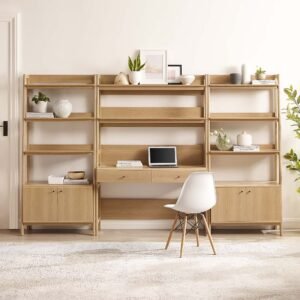 Bixby 3-Piece Wood Office Desk and Bookshelf | Walnut, Walnut White & Oak Color Options | Particleboard & MDF | Full-Extension Drawers | Tiered Desk and Bookshelf