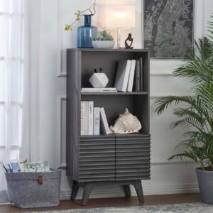 Render Display Cabinet Bookshelf | Oak & Charcoal Color Options | Mid-Century Display Cabinet | Smooth Wood Grain Laminate | Soft-Close Hinges