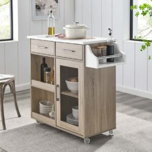 Culinary Kitchen Cart With Spice Rack | Rubberwood Top | Light Gray Natural, White Natural, Charcoal Natural & Oak White Options