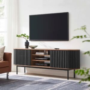 Fortitude 71" TV Stand | Oak & Walnut Black Finish Options | Metal Legs | Open Back Design | Adjustable Shelves | Two Sliding Doors | MDF and Particleboard