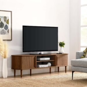 Contour 63" Wood TV Stand | Oak & Walnut Finish Options | Mid-Century Modern TV Stand | Rubberwood, Particleboard, MDF | Adjustable Shelves | Sliding Doors