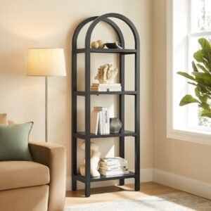 Vexley 72 Inch Tall Narrow Arched Bookshelf | Natural, Black & Walnut Color Options | Pine Wood Frame | Sculptural Arched Silhouette | 4 Pine Wood Shelves
