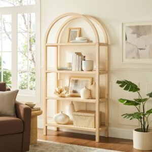 Vexley 72 Inch Large Arched Bookshelf  | Natural, Black & Walnut Color Options | Pine Wood Frame | Sculptural Arched Silhouette | 4 Pine Veneer Shelves
