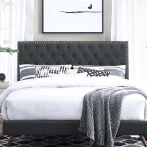 Helena Tufted Upholstered Linen Fabric Headboard | Fiberboard & Plywood Frame | Elegant Diamond Tufted Pattern | Full / Queen Sizes | Gray Color