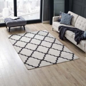 Marja Moroccan Trellis Area Rug | 5X8 Size | Brown and Gray, Ivory and Charcoal, Charcoal and Ivory & Navy and Ivory Color Options | Tight Low Pile Weave | Gripping Jute Fabric Underside | 100% Polyester Microfiber