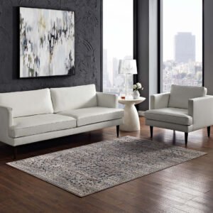 Margarida Distressed Vintage Turkish Area Rug | Blue and Cream | 5X8 & 8X10 Size Options | Textured Soft Low Pile Weave | Gripping Rubber Underside | Polypropylene / Chenille Yarn