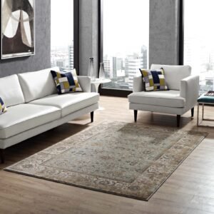 Hisa Distressed Vintage Floral Lattice 5x8 Area Rug in Silver Blue Beige and Brown | Tight Low Pile Weave | Gripping Rubber Underside | Two-Ply Polypropylene Yarn