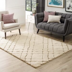 Jubilant Verona Abstract Geometric Shag 5x8 Area Rug | Creame and Beige | Shag Weave Of 1.18 Inches | Gripping Jute Fabric Underside | Soft High Density Polypropylene